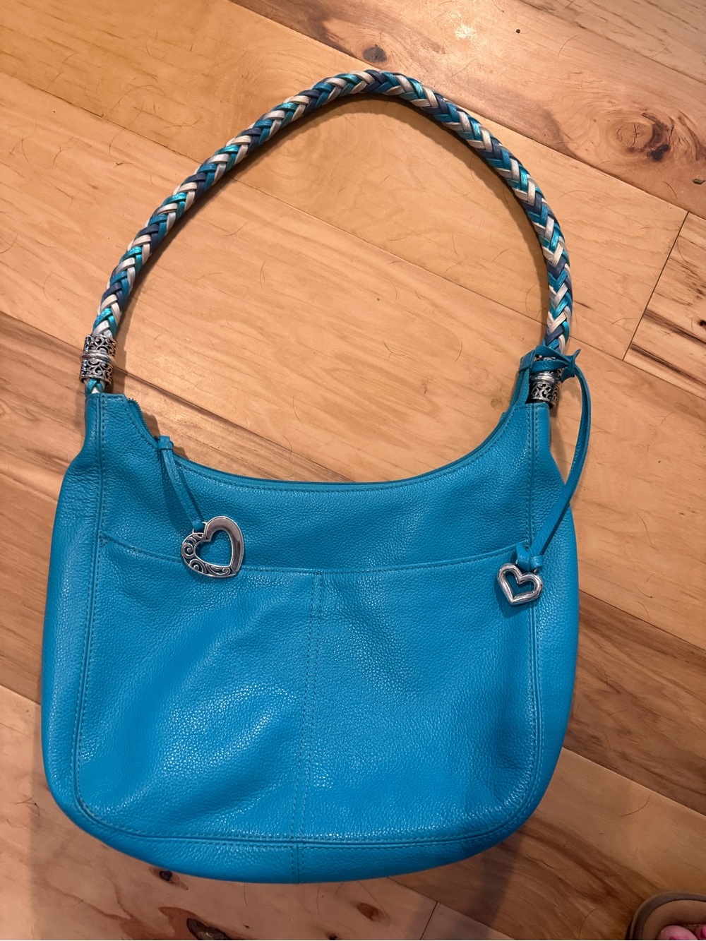 Brighton Barbados Turquoise Braided Leather Shoulder Bag with 4 outside pockets!